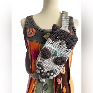 Handmade Crochet Gray Cat Crossbody Phone or Mini Purse One of a Kind